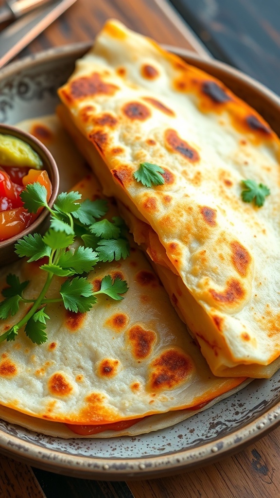 Oaxacan cheese quesadilla cut into wedges, served with salsa and guacamole on a rustic plate.